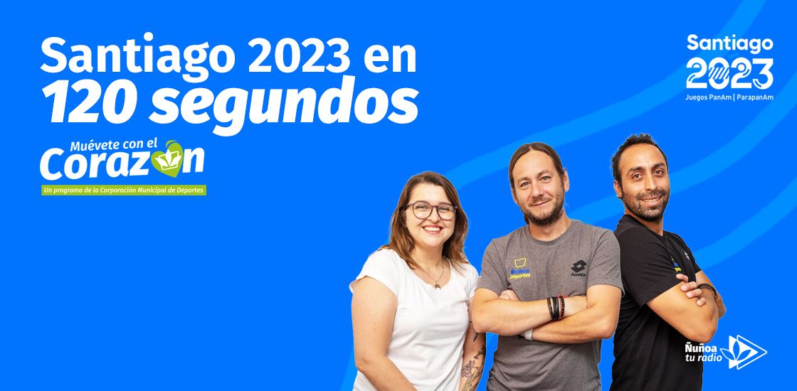 Gráfica del podcast "Santiago 2023 en 120 segundos" junto al equipo de Muévete con el Corazón. De derecha a izquierda se puede ver a Carolina Bergeon, Vladimiro Mimica y Sebastián Lavín.